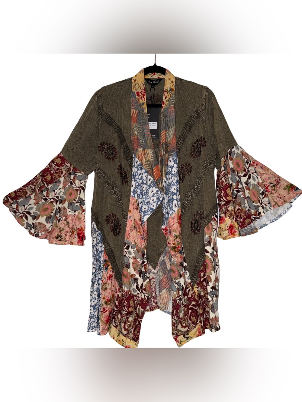 YOUNG THREADS Boho Patchwork Embroidery Floral Kimono Cardigan - Olive/Multicolo
